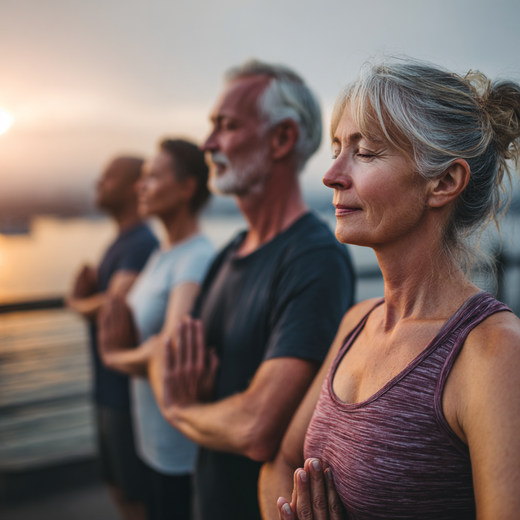 Active adults in their forties and fifties engaging in mindful fitness exercises outdoors