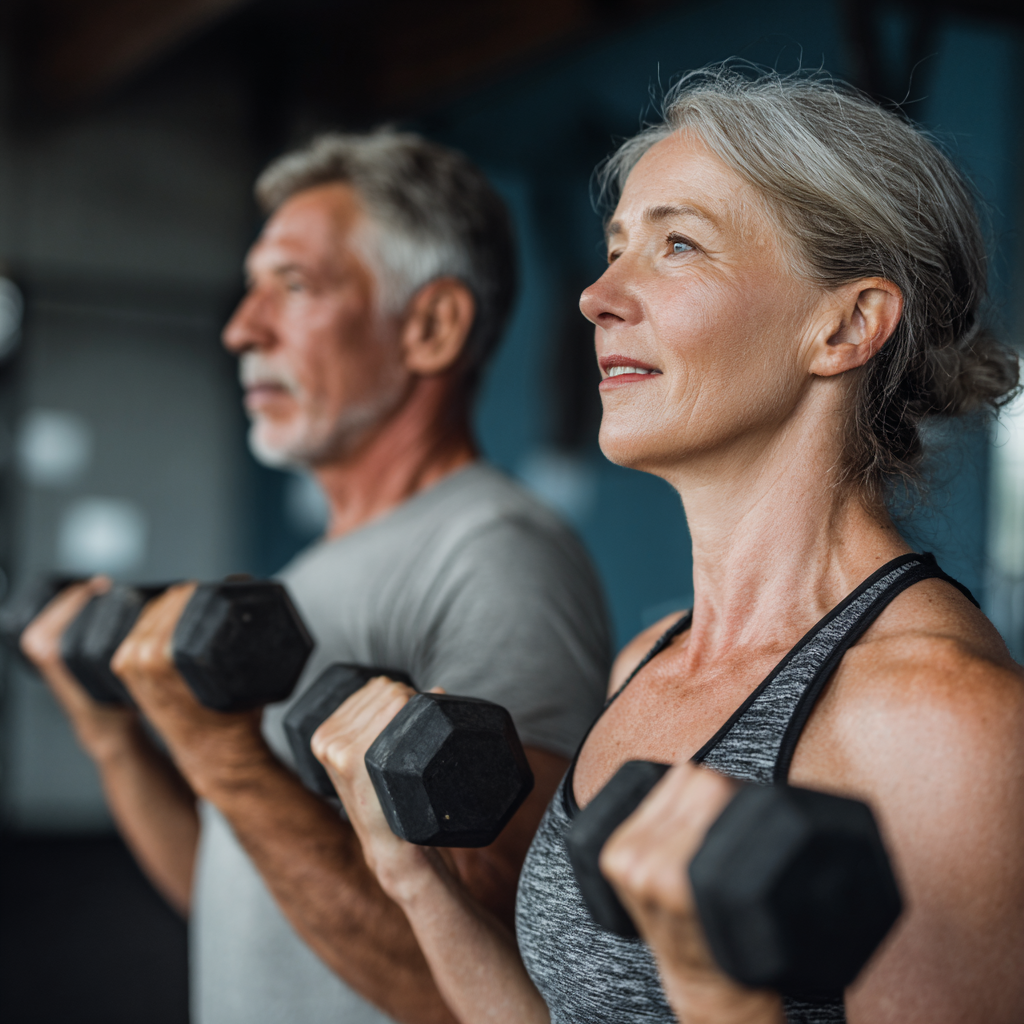 Mature professionals in their fifties doing strength training with proper form and technique